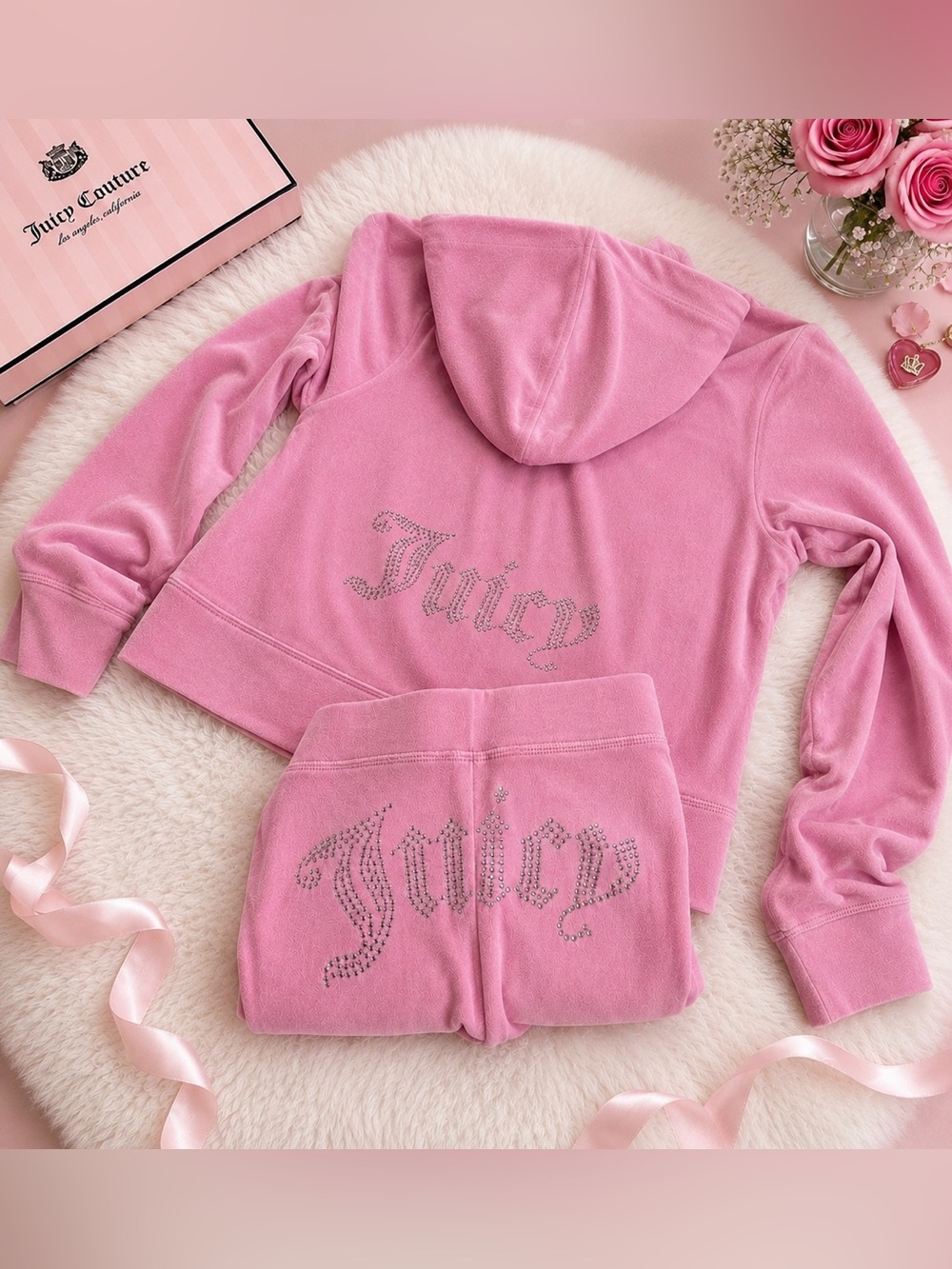 Juicy Couture Velour Rhinestone Tracksuit Y2K Pink Hoodie Jogger Set Large NWT